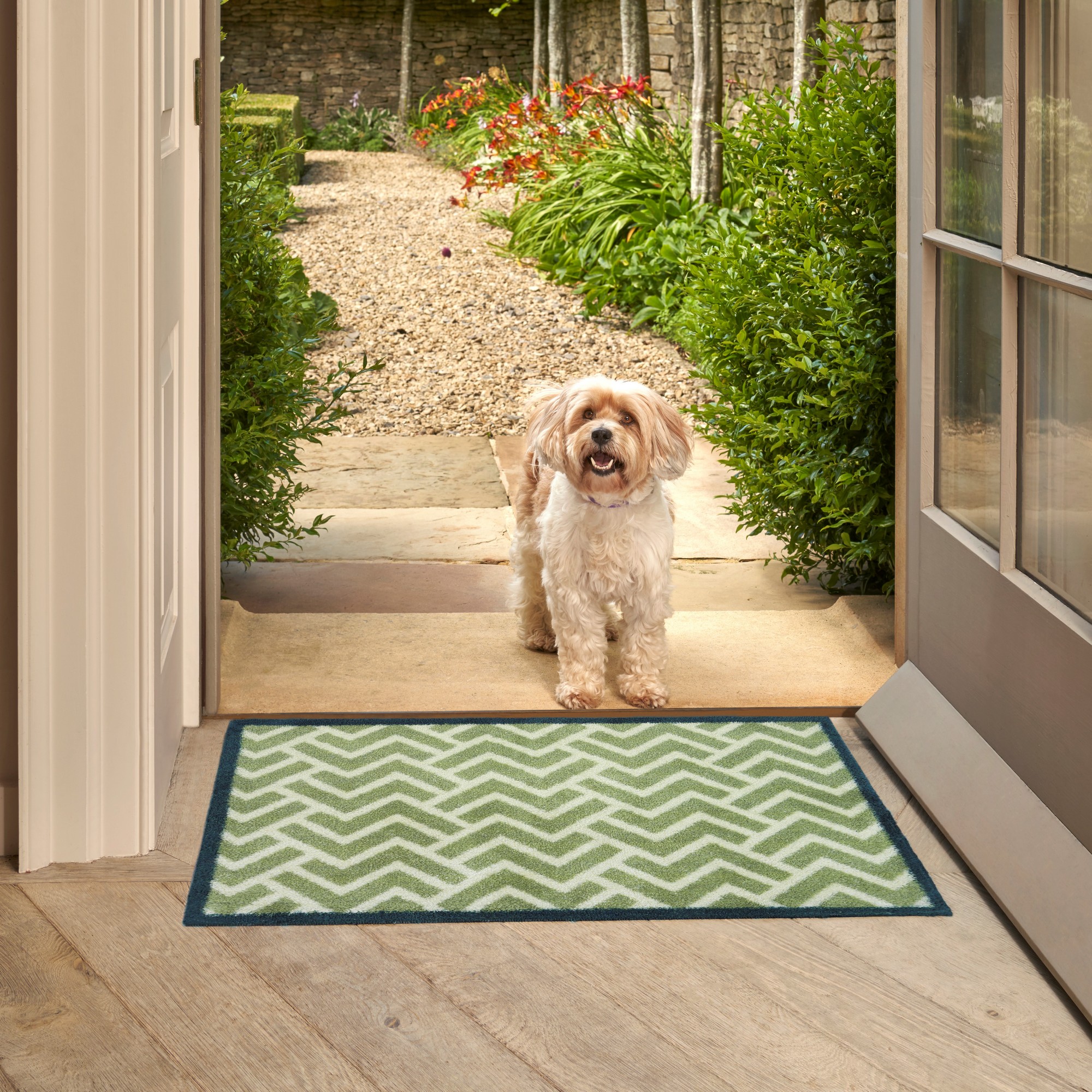 Herringbone Tiles Washable Doormats In Green